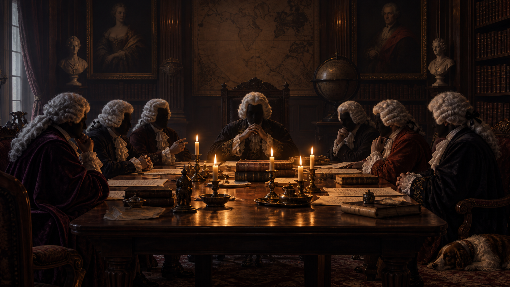 A shadowed panel of eighteenth-century judges in powdered wigs deliberating around a candlelit wooden table.